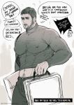  1boy absurdres artist_name bara briefcase chris_redfield covered_nipples english_text facial_hair greyscale highres holding holding_briefcase large_pectorals male_focus monochrome muscular muscular_male navel pants pectorals piers_nivans resident_evil resident_evil_6 shejiyeah shirt short_hair solo 