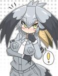  ! 1girl :/ arm_under_breasts bird_girl bird_tail bird_wings black_gloves blonde_hair blush_stickers bodystocking breast_pocket breasts brown_hair chibi closed_mouth collared_shirt fingerless_gloves gloves green_eyes grey_hair grey_shirt grey_shorts hair_between_eyes hand_on_own_chin hand_up head_wings kemono_friends layered_sleeves long_hair long_sleeves looking_at_viewer multicolored_hair necktie outline pocket shirt shoebill_(kemono_friends) short_over_long_sleeves short_sleeves shorts side_ponytail slit_pupils solo spoken_exclamation_mark tail upper_body white_necktie white_outline wing_collar wings wirou 