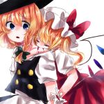  2girls apron biting black_headwear black_vest blonde_hair blood blue_eyes bow braid breasts closed_eyes cowboy_shot flandre_scarlet hat hat_bow kirisame_marisa kuromame1025 looking_at_another medium_hair mob_cap multicolored_wings multiple_girls neck_biting one_side_up open_mouth puffy_short_sleeves puffy_sleeves red_bow red_skirt red_vest shirt short_sleeves simple_background single_braid skirt skirt_set small_breasts touhou vest waist_apron white_apron white_background white_headwear white_shirt wings witch_hat wrist_cuffs yuri 