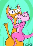  ambiguous_gender anthro caressing_face domestic_cat duo embrace felid feline felis female gob_(mystery-goop) holding_head hug intersex intersex/female kissing_cheek mammal mystery-goop pinki_(mystery-goop) reptile scalie snake surprised_look 