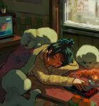  1girl black_hair blanket closed_eyes commentary_request food fruit hair_ornament hairclip highres indoors long_sleeves mandarin_orange myango_(applemangocrape) nintendo_switch orange_(fruit) orange_slice original pajamas poodle print_shirt shirt sleeping solo table television window 