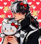  1boy absurdres ace_attorney animal_ears artist_name black_hair black_jacket blush bow cat_ears closed_mouth collared_jacket collared_shirt feather_in_mouth grey_eyes hair_bow heart heart_background heart_hair heart_on_cheek hello_kitty_(character) high_collar highres holding holding_stuffed_toy huyandere jacket long_hair looking_at_viewer low_ponytail male_focus multicolored_hair portrait red_background red_bow runny_makeup shirt simon_blackquill solo star_(symbol) stuffed_animal stuffed_cat stuffed_toy sweat too_many_hairclips two-tone_hair very_long_hair white_hair 