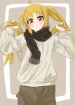  1girl ahoge blonde_hair blunt_bangs blush bocchi_the_rock! brown_pants brown_scarf detached_ahoge grey_background highres ijichi_nijika long_hair long_sleeves looking_at_viewer oniku_0131_btr pants scarf shirt side_ponytail sidelocks solo t-shirt 