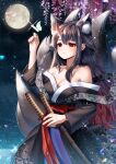  1girl absurdres animal animal_ear_fluff animal_ears arm_up bare_shoulders black_hair breasts brown_hair bug butterfly cleavage closed_mouth cloud collarbone commentary_request commission fox_ears fox_girl fox_tail full_moon gradient_hair highres horns katana kitsune long_hair long_sleeves looking_away medium_breasts menna_(0012) moon multicolored_hair night night_sky oni oni_horns original red_eyes sheath sheathed single_horn sky solo star_(sky) starry_sky sword tail very_long_hair weapon 