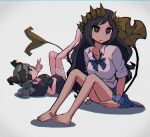  2girls barefoot black_hair black_shirt blue_bow blue_bowtie blue_skirt bow bowtie bright_pupils brown_eyes brown_horns closed_mouth collared_shirt commentary_request demon_girl demon_horns demon_tail detached_sleeves doronuma expressionless eyepatch full_body green_hair highres horns long_hair looking_at_viewer lying medium_bangs medium_hair multiple_girls nanashi_inc. on_back plaid plaid_skirt sekishiro_mico shimamura_charlotte shirt short_bangs simple_background sitting skirt sleep_mask striped striped_bow striped_bowtie tail v very_long_hair virtual_youtuber white_background white_pupils white_shirt 