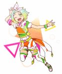  1girl ;d arm_up blue_hair blush commentary_request fang full_body gradient_hair green_eyes green_hair green_shirt hair_ornament hairband hairclip headphones headphones_around_neck idol_time_pripara jumping looking_at_viewer midriff multicolored_hair nijiiro_nino nojima_minami one_eye_closed open_mouth orange_shorts outstretched_arm pretty_(series) pripara shirt shoes short_hair short_sleeves shorts smile sneakers solo thighhighs triangle two-tone_hair white_hairband white_thighhighs wristband 