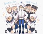  3boys 4girls baker_nemo_(fate) beret black_headwear black_shorts blonde_hair blue_eyes blue_leggings blush cabbie_hat captain_nemo_(fate) closed_eyes coat commentary confetti engineer_nemo_(fate) epaulettes fate/grand_order fate_(series) freedumco hat hat_feather highres leggings marine_nemo_(fate) multiple_boys multiple_girls nemo_(fate) nurse nurse_cap nurse_nemo_(fate) open_mouth professor_nemo_(fate) short_shorts shorts simple_background sleeves_past_wrists smile turban very_long_sleeves white_coat white_headwear 