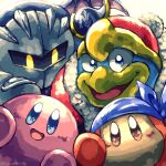  armor bandana bandana_waddle_dee bat_wings blue_bandana blue_eyes crowerfly highres king_dedede kirby kirby&#039;s_return_to_dream_land kirby_(series) looking_at_viewer mask meta_knight no_humans pauldrons pom_pom_(clothes) shoulder_armor smile solid_oval_eyes star_(symbol) twitter_username wings yellow_eyes 