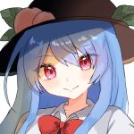  07_nagii 1girl blue_hair blush bow bowtie close-up closed_mouth commentary_request dot_nose eyes_visible_through_hair food fruit hair_between_eyes hat hinanawi_tenshi long_hair peach pink_eyes portrait red_bow red_bowtie simple_background smile solo touhou white_background wing_collar 