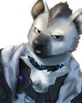  2023 anthro arknights black_body black_fur black_hair clothed clothing collar eyebrow_piercing facial_piercing fur grey_body grey_fur hair hi_res hrk_doraking hyena hypergryph looking_at_viewer male mammal piercing solo spot_(arknights) spotted_hyena studio_montagne tongue tongue_out 
