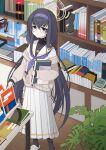  1girl black_eyes black_hair blue_archive book book_stack bookshelf bow commentary_request glasses hair_between_eyes hair_bow hair_ribbon hairband halo highres holding holding_book jewelry library long_hair looking_at_viewer low_twintails necklace paralier plant pleated_skirt ribbed_sweater ribbon school_uniform serafuku sidelocks skirt slippers solo sweater turtleneck turtleneck_sweater twintails ui_(blue_archive) very_long_hair wooden_floor 