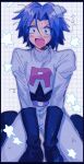  1boy ameya_(okemu_ame) blue_hair blush fang green_eyes heat_plaster highres james_(pokemon) kneeling open_mouth pokemon scared star_(symbol) 