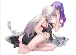  2girls animal_ears barefoot blush bra breasts demon_tail ear_piercing eredhen frills green_eyes grey_eyes grey_hair hair_ornament hairclip highres hololive lace-trimmed_bra lace_trim large_breasts licking licking_breast lion_ears lion_girl lion_tail long_hair long_sleeves multicolored_hair multiple_girls piercing pink_hair purple_hair shishiro_botan skirt streaked_hair tail thighs tokoyami_towa tongue underwear virtual_youtuber white_background yuri 