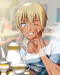  1boy amuro_tooru androgynous apron blonde_hair blue_apron blue_eyes blurry cafe chair commentary_request cup dark-skinned_male dark_skin depth_of_field grin highres index_finger_raised male_focus meitantei_conan mugicha_(zoro1132) one_eye_closed saucer smile solo sparkle spoon steam table teacup teapot tray upper_body 