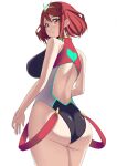  1girl ass ass_focus bare_shoulders black_one-piece_swimsuit blush breasts chest_jewel competition_swimsuit earrings gem headpiece highres huge_ass jewelry large_breasts looking_at_viewer one-piece_swimsuit pyra_(pro_swimmer)_(xenoblade) pyra_(xenoblade) red_eyes red_hair short_hair solo swept_bangs swimsuit thighs tiara two-tone_swimsuit xenoblade_chronicles_(series) xenoblade_chronicles_2 yamadahats44685 