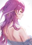  1girl absurdres animal_ears bare_back bare_shoulders commentary_request fox_ears genshin_impact highres long_hair minz_(minh_nguyen) off_shoulder pink_hair purple_eyes solo upper_body yae_miko 