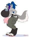  2016 anthro artist_logo bendy_straw big_breasts biped blue_hair bovid bovine breasts canid canine canis cassio cattle clothed clothing cowbell drinking farorenightclaw female fluffy fluffy_tail fully_clothed green_eyes hair horn huge_breasts hybrid logo mammal ponytail side_view solo straw tail teats udders white_horn wolf 