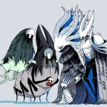  2boys 2others 3girls aged_down armor arthropod_boy arthropod_girl black_eyes black_skin blank_eyes blue_cloak blue_eyes blush blush_stickers breastplate bug carrying child cloak colored_eyelashes colored_skin commentary_request extra_eyes floating full_body grey_background grey_cloak herrah_(hollow_knight) hollow_knight hollow_knight_(character) hornet_(hollow_knight) looking_at_another looking_down lurien_(hollow_knight) monomon_(hollow_knight) monster_girl mother_and_daughter multiple_boys multiple_girls multiple_others pale_king_(hollow_knight) plant_girl profile red_cloak sakana_2-gou scratches shoulder_armor simple_background standing two-sided_cloak two-sided_fabric white_armor white_cloak white_lady_(hollow_knight) white_skin 