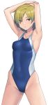  1girl absurdres arms_up asymmetrical_bangs blue_one-piece_swimsuit breasts collarbone commentary_request competition_swimsuit covered_navel grey_hair hashi highleg highleg_swimsuit highres looking_at_viewer medium_breasts multicolored_clothes multicolored_swimsuit one-piece_swimsuit original purple_eyes short_hair simple_background solo standing stretching swimsuit thighs two-tone_swimsuit white_background white_one-piece_swimsuit 