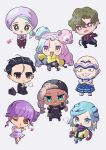  3boys 5girls backwards_hat bald black_eyes black_hair black_headwear blue_eyes blue_hair brassius_(pokemon) briefcase brown_hair chibi dark-skinned_female dark_skin earrings grey_background grey_hair grusha_(pokemon) hand_on_own_hip hat heart highres iono_(pokemon) jewelry katy_(pokemon) kneeling kofu_(pokemon) larry_(pokemon) long_hair looking_at_viewer multicolored_hair multiple_boys multiple_girls one_eye_closed open_mouth pink_hair pokemon pokemon_(game) pokemon_sv purple_hair ryme_(pokemon) scarf short_hair simple_background tulip_(pokemon) two-tone_hair user_nyrr2558 very_dark_skin 