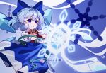  1girl artist_name blue_dress blue_eyes blue_hair blue_ribbon cirno dress fairy flower gradient_background grin hair_between_eyes hair_ribbon plant ribbon short_hair smile snowflakes solo sunflower tojorin touhou vines wind wings 