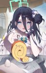  1girl absurdres aris_(blue_archive) black_hair blue_archive blue_eyes feathered_wings food fork hair_between_eyes hair_bun highres holding holding_fork incoming_food long_hair neck_ribbon open_mouth pov ribbon short_sleeves single_side_bun sitting vvwogk96 wings 