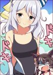  2girls alternate_costume animal_ears bare_shoulders black_hair black_one-piece_swimsuit blue_sky breasts brown_eyes brown_hair closed_mouth cloud cloudy_sky collarbone commentary_request daiichi_ruby_(umamusume) drill_hair drooling ear_covers ear_ornament grey_hair hair_between_eyes hair_ornament highres hishi_miracle_(umamusume) horse_ears looking_at_viewer medium_breasts medium_hair mouth_drool multiple_girls ocean one-piece_swimsuit open_mouth outdoors side_drill sky smile surprised sweat swimsuit umamusume wahiko_(black_bastard) 