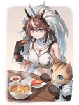  1girl arknights bare_shoulders black_gloves blue_eyes bowl breasts brown_hair cat closed_mouth commentary_request fake_horns felyne fish_(food) food gloves highres holding holding_food horns kirin_(armor) kirin_r_yato_(arknights) large_breasts long_hair midriff monster_hunter_(series) multicolored_hair nigirizushi open_mouth plate pointy_ears smile sushi table tanagawa_makoto terra_research_commission_(arknights) yato_(arknights) 