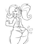  2022 activision anthro bandicoot beverage big_butt breasts butt clothed clothing coco_bandicoot crash_bandicoot_(series) crop_top eyebrows eyes_closed female hair hi_res long_hair mammal marsupial monochrome motion_lines open_mouth panties ponytail portrait shirt solo thick_thighs three-quarter_portrait topwear underwear wide_hips yawn zr_furious 
