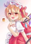  1girl :d absurdres blonde_hair blurry blurry_foreground blush bow crystal depth_of_field drooling fang finger_to_face fingernails flandre_scarlet food frills gradient_background grey_background hair_bow hand_up hat highres leaning_forward long_fingernails looking_at_viewer mob_cap mouth_drool nail_polish one_side_up open_mouth pudding puffy_short_sleeves puffy_sleeves red_bow red_eyes red_nails red_skirt red_vest sasami_iina short_sleeves simple_background sitting skin_fang skirt skirt_set smile solo spoken_food thought_bubble touhou v-shaped_eyebrows vest wings 