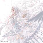  1girl arcaea bone bow dress flower gloves gold_trim hair_bow hands_on_own_chest hikari_(arcaea) long_hair long_sleeves looking_to_the_side mechari open_mouth pink_bow pink_eyes pink_flower pink_rose rose sidelocks thighhighs very_long_hair white_background white_dress white_gloves white_hair white_thighhighs white_wings wings 