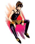  1boy black_eyes black_hair cheekbones collarbone dagger hage_tashuumi headband jojo_no_kimyou_na_bouken knife male_focus narancia_ghirga official_style reverse_grip sitting spread_legs vento_aureo weapon wristband 