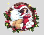  1girl :d animal_ears boots brown_background brown_hair christmas christmas_lights christmas_wreath dress elbow_gloves fox_ears fox_girl fox_tail full_body gloves hat holding holding_sack kukuri_(mawaru) mawaru_(mawaru) multiple_tails open_mouth original red_dress red_eyes red_footwear red_gloves sack santa_costume santa_hat simple_background smile solo tail thighhighs white_thighhighs 