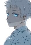  1boy aged_down closed_mouth colored_eyelashes commentary_request dragonfly_print gojou_satoru jujutsu_kaisen looking_at_viewer male_child male_focus nori20170709 short_bangs short_hair sideways_glance solo twitter_username upper_body white_background white_hair 