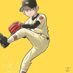  1boy baseball baseball_mitt baseball_uniform black_eyes black_headwear cleats long_sleeves male_focus mamo_furukawa original pants pitching shirt socks solo sportswear white_pants white_shirt white_socks yellow_background 