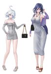  2girls :d absurdres ahoge alternate_costume armpits bare_shoulders blue_eyes blue_hair breasts cleavage clorinde_(genshin_impact) collarbone commentary_request dress flip-flops full_body furina_(genshin_impact) genshin_impact grey_dress hand_on_own_hip highres ilbanseomin jacket jewelry large_breasts long_hair long_sleeves looking_at_viewer multiple_girls necklace off-shoulder_dress off_shoulder open_mouth pencil_dress purple_eyes purple_jacket sandals shoes short_dress short_hair simple_background single_bare_shoulder sleeveless sleeveless_dress small_breasts smile sneakers standing very_long_hair white_background white_hair 