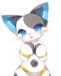  2018 android anthro big_ears big_head blue_eyes blush cat_busters cheek_tuft cotora domestic_cat facial_tuft felid feline felis female front_view hand_on_chest lloyd_(cat_busters) looking_at_viewer machine mammal metallic_body nude open_mouth portrait robot screw simple_background solo standing three-quarter_portrait tuft whiskers white_background wide_hips 