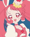  1girl aji_fry animal_ears blush bow cake_hair_ornament choker commentary_request cure_whip earrings extra_ears food-themed_hair_ornament food-themed_ornament fruit_brooch hair_ornament highres jewelry kirakira_precure_a_la_mode long_hair magical_girl open_mouth pink_choker pink_hair pom_pom_(clothes) pom_pom_earrings precure rabbit_ears red_eyes smile solo strawberry_brooch twintails usami_ichika 