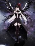  1girl akemi_homura akuma_homura argyle argyle_legwear bare_shoulders black_gloves black_wings bow dark_orb_(madoka_magica) elbow_gloves feathered_wings gloves hair_bow hairband highres mahou_shoujo_madoka_magica mahou_shoujo_madoka_magica:_hangyaku_no_monogatari misteor navel red_hairband solo space wings 