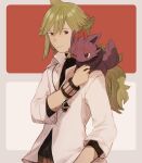  1boy animal_on_shoulder black_shirt bracelet closed_mouth green_eyes green_hair hair_between_eyes jewelry long_hair looking_at_another low_ponytail maekakekamen male_focus n_(pokemon) necklace one_eye_closed pokemon pokemon_(creature) pokemon_(game) shirt smile standing upper_body white_shirt zorua 