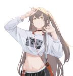  1girl absurdres bag black_choker brown_hair choker closed_mouth girls&#039;_frontline hair_between_eyes headphones headphones_around_neck highres long_hair looking_at_viewer masshiromilktea11014 one_side_up orange_bag print_shirt scar scar_across_eye shirt shoulder_bag ump45_(corona_sunset)_(girls&#039;_frontline) ump45_(girls&#039;_frontline) white_background white_shirt yellow_eyes 