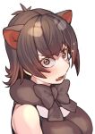  1girl a888_n22 animal_ears bare_shoulders blush bow bowtie brown_bow brown_bowtie brown_eyes brown_hair colored_inner_hair extra_ears eyelashes fang grey_background grey_hair highres kemono_friends looking_at_viewer medium_hair multicolored_hair open_mouth parted_bangs simple_background skin_fang sleeveless solo sparkle tasmanian_devil_(kemono_friends) tasmanian_devil_ears upper_body v-shaped_eyebrows 