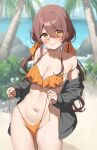  1girl absurdres bare_shoulders bikini blush breasts cleavage collarbone day dot_nose hair_between_eyes hair_ribbon highres idolmaster idolmaster_shiny_colors jacket long_hair long_sleeves looking_at_viewer low_twintails medium_breasts navel off_shoulder open_clothes open_jacket orange_bikini osaki_tenka outdoors red_hair ribbon side-tie_bikini_bottom skindentation solo standing swept_bangs swimsuit tears twintails untied_bikini wanimaru wardrobe_malfunction yellow_eyes 