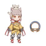  &gt;:) 1girl animal animal_ear_fluff animal_ears animal_on_head blue_eyes brown_eyes chakram chibi closed_mouth commentary_request full_body grey_hair jumpsuit long_sleeves nia_(xenoblade) on_head puffy_long_sleeves puffy_sleeves red_footwear ribbed_jumpsuit shoes simple_background sleeves_past_wrists smile solo standing tiger v-shaped_eyebrows weapon white_background xenoblade_chronicles_(series) xenoblade_chronicles_2 yellow_jumpsuit yoruusagi 