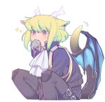  1boy animal_ears animal_in_mouth ascot black_jacket black_pants blonde_hair cat_boy cat_ears cat_tail dragon_boy dragon_horns dragon_wings earrings ears_down facing_up fang flying_sweatdrops horns jacket jewelry kemonomimi_mode knee_pads knees_up kome_1022 lio_fotia looking_up male_focus mouse otoko_no_ko pants promare purple_eyes short_hair simple_background single_earring sitting solo sparkle tail triangle_earrings white_ascot white_background white_horns wings 