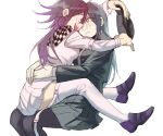  2girls :d black_hair black_headwear black_pantyhose blush breasts brown_eyes brown_hair closed_mouth danganronpa_(series) danganronpa_v3:_killing_harmony eye_contact from_side genderswap genderswap_(mtf) grey_background grey_jacket grey_skirt grey_thighhighs hat highres holding holding_clothes holding_hat hug jacket looking_at_another lull_brook_(brookuu) miniskirt multiple_girls oma_kokichi on_lap pantyhose pleated_skirt purple_footwear purple_hair saihara_shuichi simple_background sitting skirt small_breasts smile striped striped_jacket striped_skirt teeth thighhighs unworn_hat unworn_headwear upper_teeth_only wavy_mouth yuri 