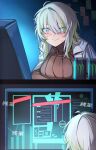  1girl blonde_hair blue_eyes blush can computer crazy_eyes energy_drink faust_(limbus_company) grey_hair highres lab_coat limbus_company lobotomy_corporation monitor monster_energy mu46016419 multicolored_hair project_moon sweat sweatdrop sweater turtleneck turtleneck_sweater 