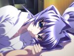  1girl blue_eyes blue_hair bou breasts cleavage hair_intakes head_tilt looking_at_viewer lying mitsurugi_meiya muvluv official_art on_side pillow ponytail robe smile solo white_robe 