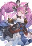  1girl absurdres ayacho bare_shoulders bell blue_hair cleo_(dragalia_lost) detached_sleeves dragalia_lost dress hair_bell hair_between_eyes hair_ornament heart highres long_hair looking_at_viewer multicolored_hair pink_hair smile solo thighhighs twintails two-tone_hair very_long_hair white_thighhighs 