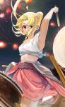  1girl armpits blonde_hair blurry bocchi_the_rock! breasts closed_mouth clothes_around_waist commentary_request cowboy_shot depth_of_field drum drum_set drumsticks floating_hair funi_mu9 highres ijichi_nijika instrument jacket jacket_around_waist lantern long_hair looking_at_viewer looking_back medium_breasts midriff music night night_sky pink_jacket playing_instrument ponytail red_eyes shirt side_ponytail sidelocks sky smile solo sweat tied_shirt white_shirt 
